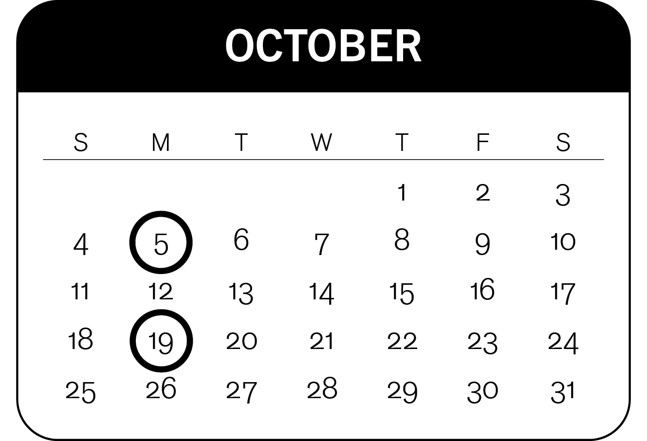 Calendar of the month of October