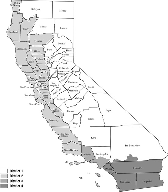California map showing counties in each Board of Equalization district.