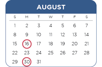 Calendar of the month of August