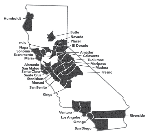 outline of counties in the state of california with VCA counties blue