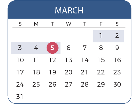 Calendar of the month of March