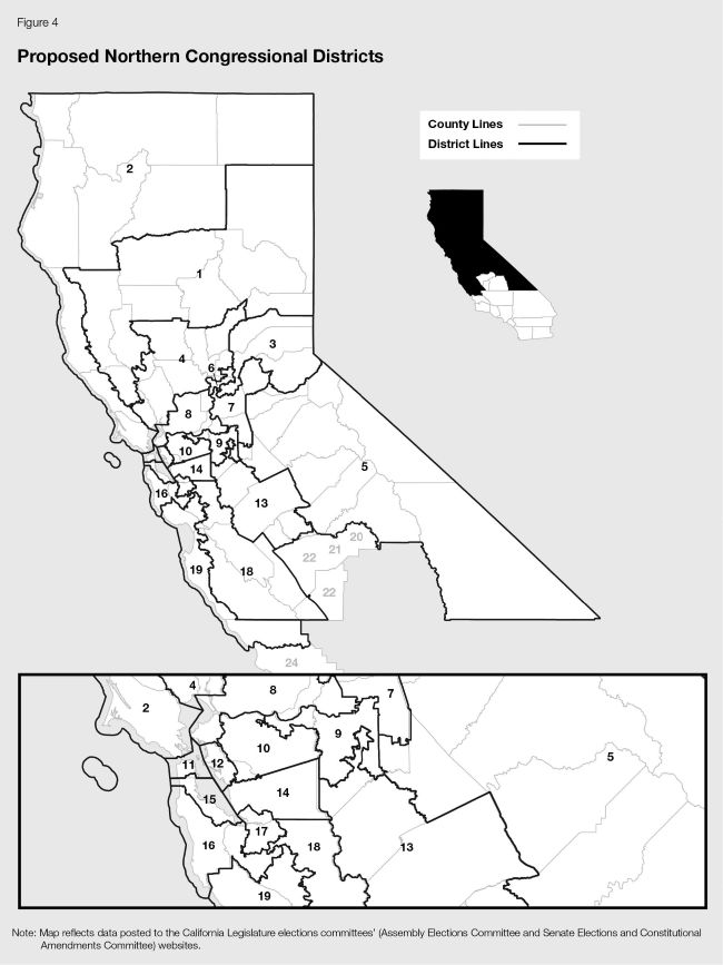 Figure 4 is a map of the northern part of California showing Proposition 50 proposed congressional districts. A small inset in the upper right portion of the figure denotes in black the part of the state shown in the map. A legend in the upper right of the figure shows that light gray lines in the map denote county lines and black lines denote Proposition 50 proposed congressional district lines. Black numbers show the congressional district numbers displayed in full on the map. Gray numbers show congressional districts shown in full in Figure 6. At the bottom of the figure is an inset that shows the Bay Area congressional districts in greater detail.