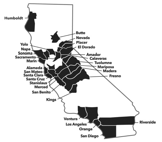 outline of counties in the state of california with VCA counties black